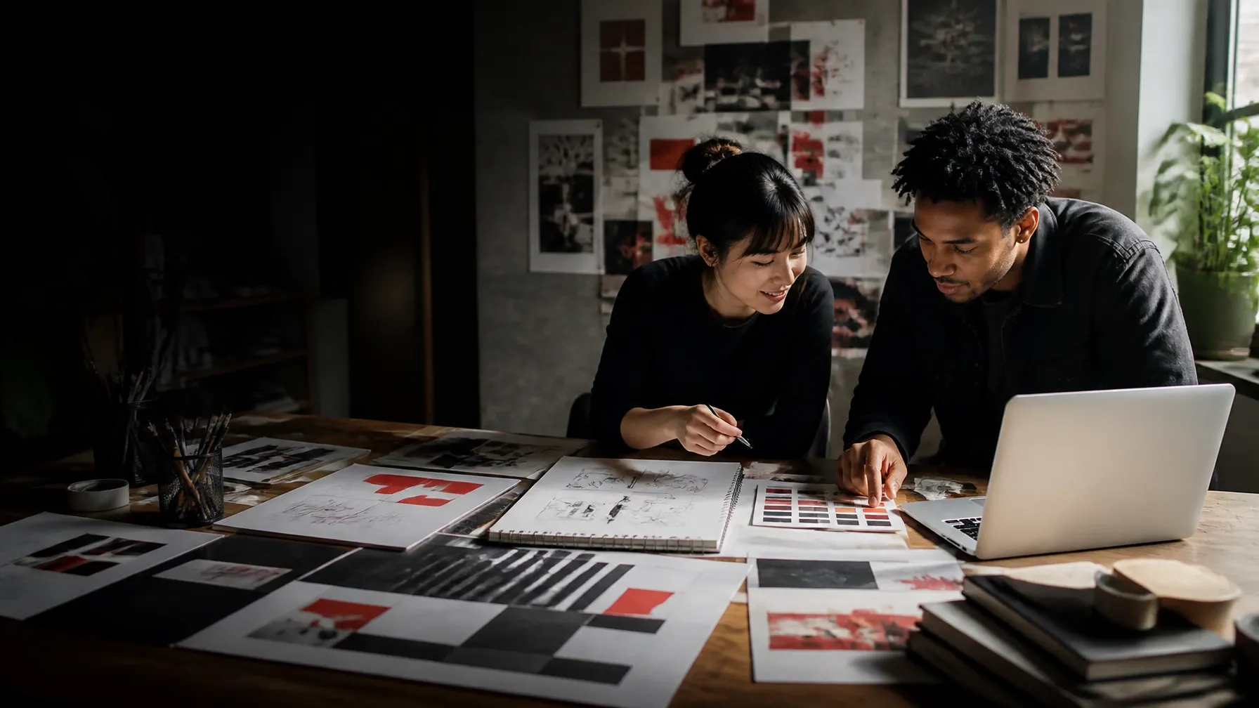 Two young creative collaborators reviewing art, branding, and media design materials