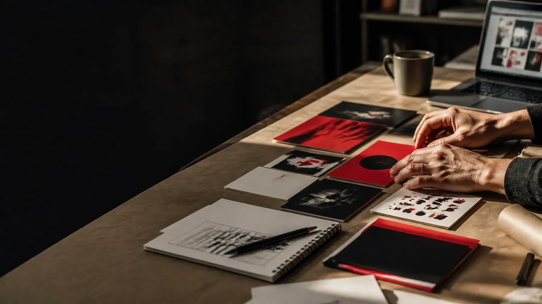 Hands arranging printed campaign proofs on a creative studio worktable